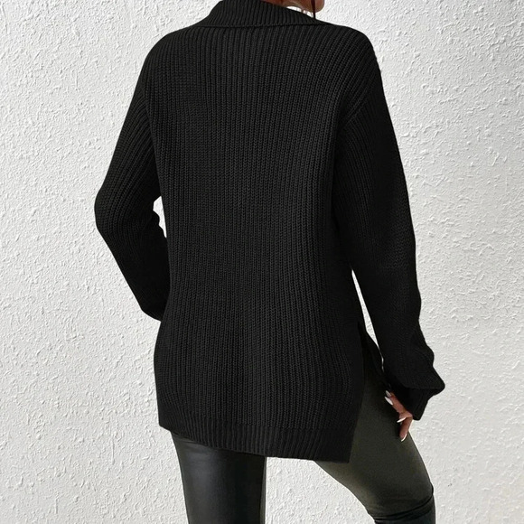 Black Casual Women's Half Zip Drop Shoulder Grain Sweater - Picture 3 of 7